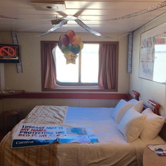 Our ocean view stateroom with birthday decorations